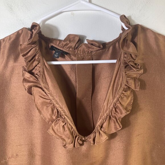 Womens Talbots Slub Silk Ruffle V Neck Blouse Back Button Cap Sleeve 12 Brown - Picture 3 of 9